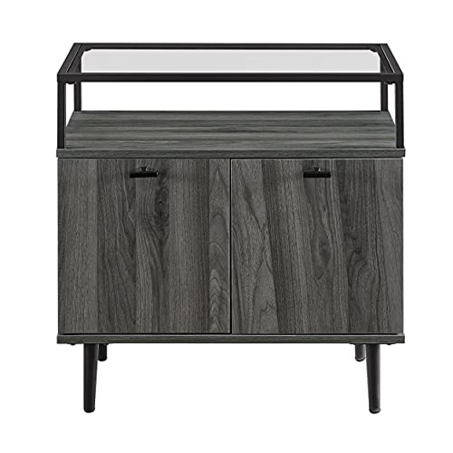 Modern Glass and Wood End Side Table Living Room Storage Small End Table, 2 Drawer, Slate Grey