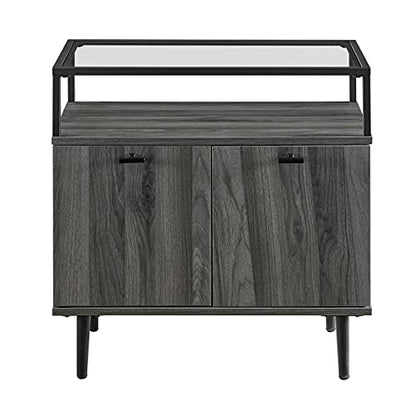 Modern Glass and Wood End Side Table Living Room Storage Small End Table, 2 Drawer, Slate Grey