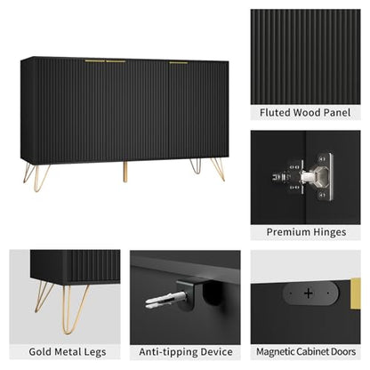 Storage Cabinet with 3 Doors, Sideboard Buffet Cabinet with Storage, Coffee Bar Cabinet with Metal Legs and Adjustable Shelf for Kitchen, Dining Room, Living Room, Office, Black