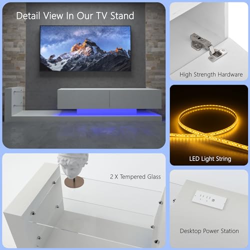 LED TV Stand for 55 65 75 Inch TV, Entertainment Center Equipped with Two Pull-Down Door Storage, 50 60 70 Inch TV Console with Tempered Glass and Power Cord for Living Room, White