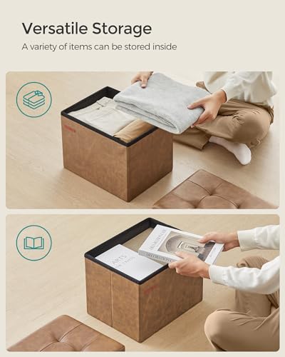 SONGMICS Small Folding Storage Ottoman, Synthetic Leather, Coffee Brown | Foot Rest Stool, Cube Footrest, 12.2 x 16.1 x 12.2 Inches, 286 lb Capacity, Bedroom, Dorm, ULSF100K01