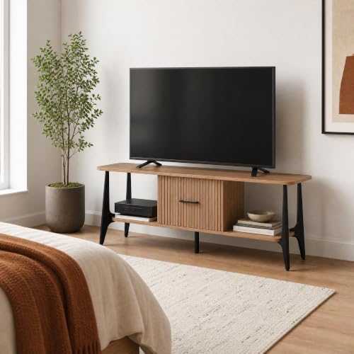 Modern TV Stand, Fluted Media Console with Storage, Open Shelves, Oak, view 7