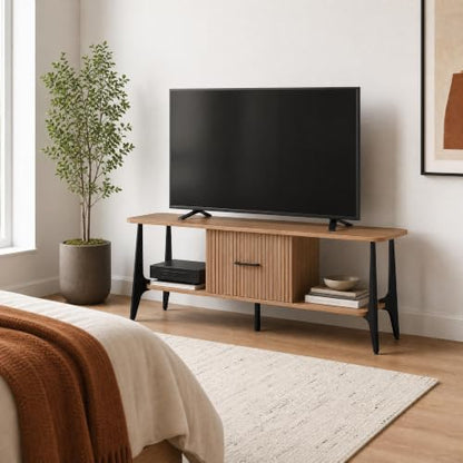 Modern TV Stand, Fluted Media Console with Storage, Open Shelves, Oak, view 7
