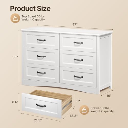 47" 6 Drawer Dresser, White Wide Chest of Drawers for Bedroom, view 3