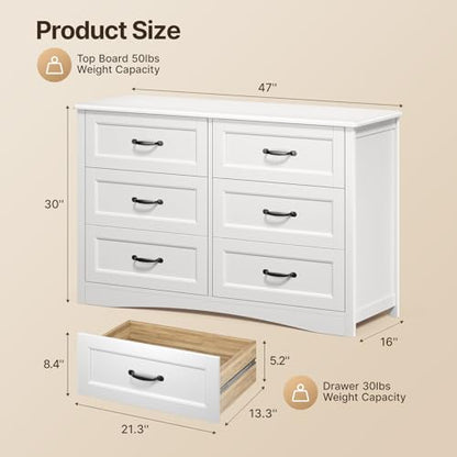 47" 6 Drawer Dresser, White Wide Chest of Drawers for Bedroom, view 3