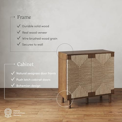 Nathan James Beacon Boho Accent Cabinet with Doors, Free Standing Kitchen Cabinet Storage with Adjustable Interior Shelf and Seagrass Accent, Dark Brown