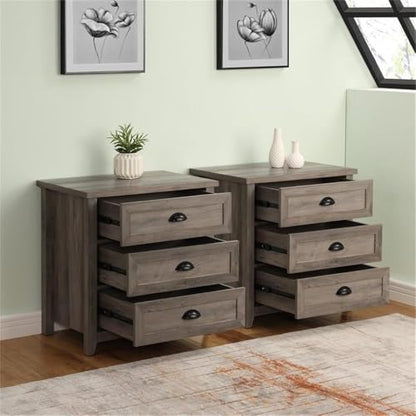 Hazel 2-Piece Modern Farmhouse 3 Drawer Framed Nightstand with Half-Moon Handles Set of 2 Grey Wash
