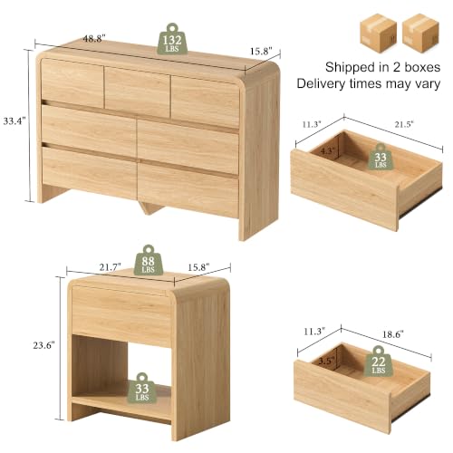 Modern 3-Piece Bedroom Furniture Set with 7-Drawer Dresser and 2 Nightstands, Large Storage Capacity, Rounded Corners, Flexible Combination Design, Anti-Tip Kit Included, Light Oak