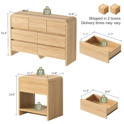 Modern 3-Piece Bedroom Furniture Set with 7-Drawer Dresser and 2 Nightstands, Large Storage Capacity, Rounded Corners, Flexible Combination Design, Anti-Tip Kit Included, Light Oak