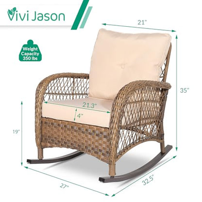 Outdoor Wicker Rocking Chair, Patio Rattan Rocker Chair with Cushions & Steel Frame, All-Weather Rocking Lawn Wicker Furniture for Garden Backyard Porch (Beige)