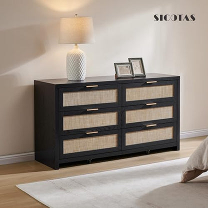 Rattan Dresser for Bedroom, 57" Wide 6 Drawer Dresser with Ample Storage, Wooden Dressers Large Chest of Drawers, Closet, Boho TV Stand for Bedroom (Black Oak, 1 Piece)