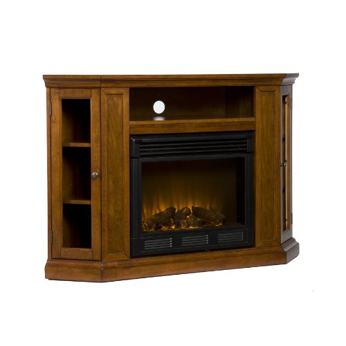 Claremont Convertible Corner Electric Fireplace Media Stand with Storage, Brown Mahogany