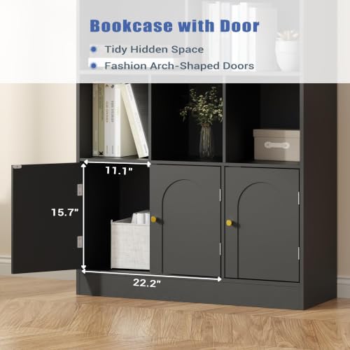 Modern Black 4-tier bookshelf with open shelves and doors, view 5