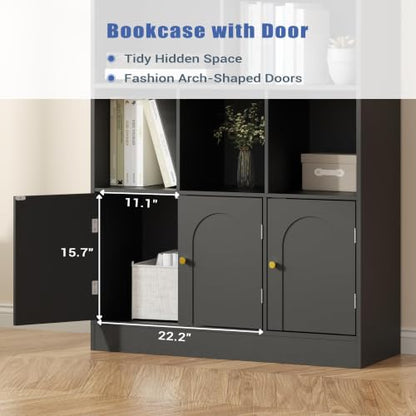 Modern Black 4-tier bookshelf with open shelves and doors, view 5