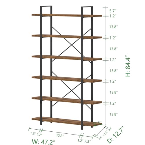 6 Shelf Tall Bookcase, Industrial Modern Large 6 Tier Bookshelf, Open Wood and Metal Display & Storage Rack,Farmhouse Bookcases and Book Shelves 6 Shelf for Bedroom Living Room Office,Rustic Brown
