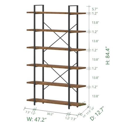 6 Shelf Tall Bookcase, Industrial Modern Large 6 Tier Bookshelf, Open Wood and Metal Display & Storage Rack,Farmhouse Bookcases and Book Shelves 6 Shelf for Bedroom Living Room Office,Rustic Brown