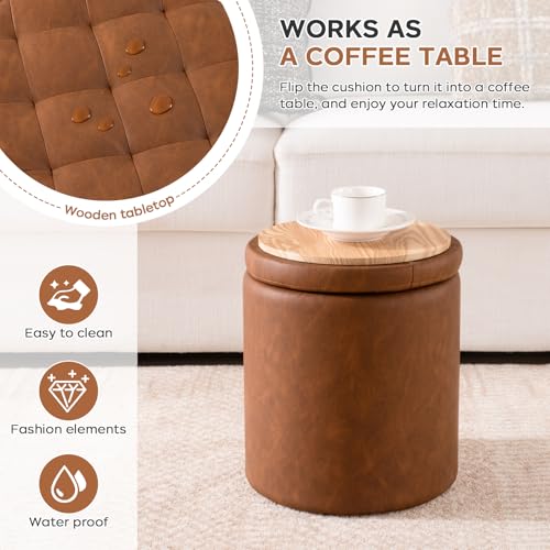 Round faux leather ottoman with storage, brown, view 6