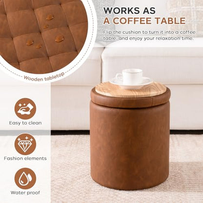 Round faux leather ottoman with storage, brown, view 6