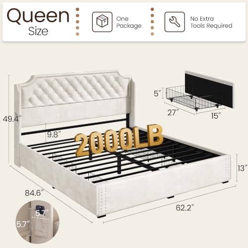 Upholstered Queen Bed Frame with Headboard, Beige Bedframe with Storage, view 3