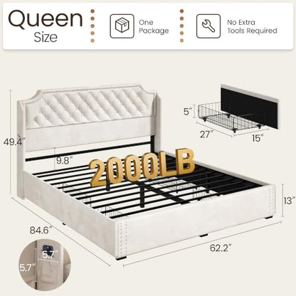 Upholstered Queen Bed Frame with Headboard, Beige Bedframe with Storage, view 3