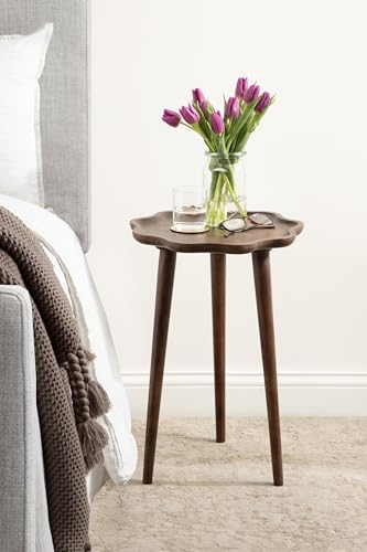 Alezar Modern Wooden Round Side Table, 15 x 15 x 22, Walnut Brown, Mid-Century Solid Wood End Table with Wavy Edge for Bedroom Nightstand or Living Room Accent Table