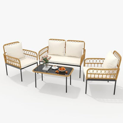 4-Piece Outdoor Patio Furniture Set, All-Weather PE Rattan Wicker Loveseat & Chairs with Glass Coffee Table & Steel Frame, Boho Conversation Set for Patio, Balcony, Backyard, Beige