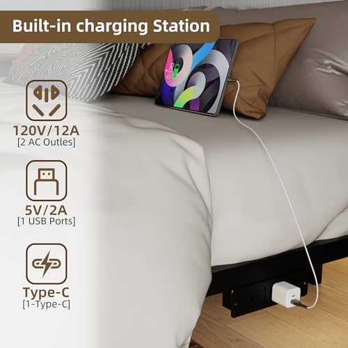 Floating Bed Frame California King Size with Charging Station and LED Lights, view 5