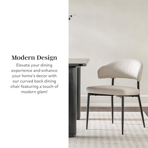 Modern Curved Back Upholstered Dining Chair with High-Performance Woven Upholstery and Powder Coated Steel Base, 2pk, Ivory