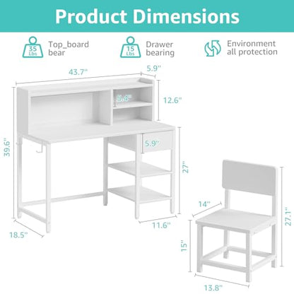 White Kids Desk and Chair Set for 6-12 Year Old, view 4