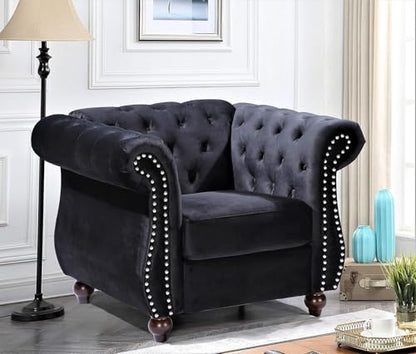 Feinstein Modern Velvet Upholstered Living Room Chesterfield with Gleaming Nailheads, Chair, Black