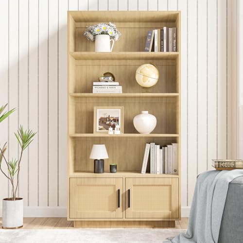 GAOMON Boho Bookcase with Rattan Doors, 5 Tier Bookshelf, Wooden Bookcase and Bookshelf with Storage, Tall Book Stand, Large Bookshelf for Living Room, Bedroom, Home Office, Kitchen