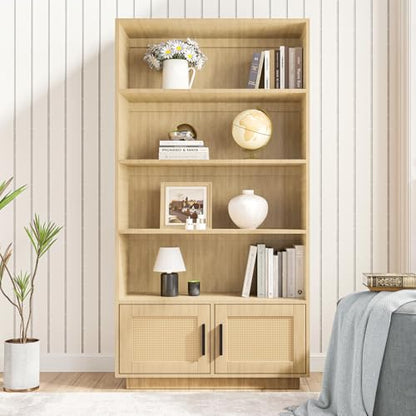 GAOMON Boho Bookcase with Rattan Doors, 5 Tier Bookshelf, Wooden Bookcase and Bookshelf with Storage, Tall Book Stand, Large Bookshelf for Living Room, Bedroom, Home Office, Kitchen
