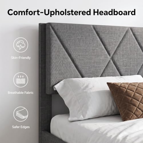 Queen Platform Bed Frame with Upholstered Headboard, Gray, view 7