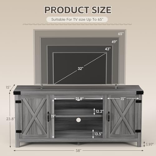 Modern Farmhouse TV Stand with Two Barn Doors and Storage Cabinets for Televisions up to 65+ Inch,Entertainment Center Console Table,Media Furniture for Living Room,Light Grey