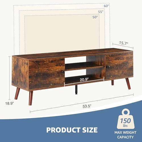 TV Stand for 55 60 inch TV, Modern Mid Century Entertainment Center with Storage, Media Console Table 2 Cabinet, Soft Hinge, Handle Door, Wooden Living Room, Office Furniture, Rustic Brown