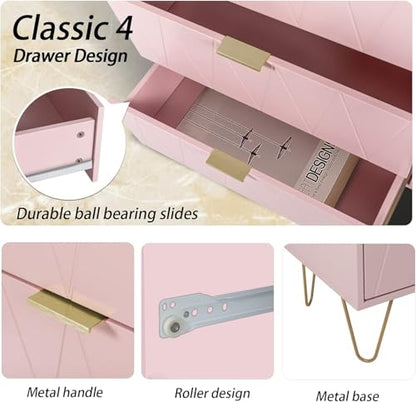 Pink 4 Drawer Dresser, Drawer Chest, Tall Storage Dresser Cabinet Organizer Unit with Metal Legs for Bedroom, Living Room, Closet