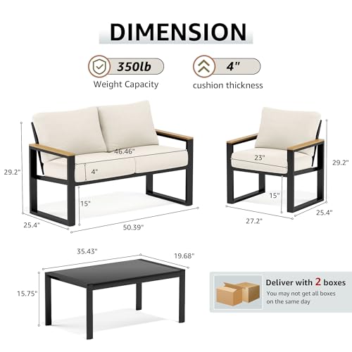 4 Pieces Patio Furniture Sets,Metal Outdoor Patio Furniture Sets,Outdoor Sectional Patio Conversation Set,Wooden Anti-Scald Armrest,Sling Mesh,4" Olefin Cushions