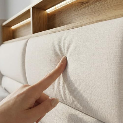 Queen Bed Frame with 51.8" Wingback Bookcase Storage Headboard, Cream Beige Upholstered Platform Bed with Charging Station (Type-C) & LED Lights, No Box Spring Needed, Cream Aesthetic