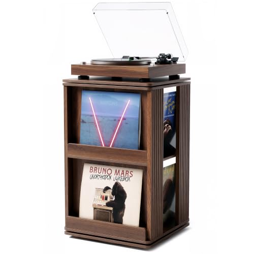 Swivel Record Player Stand with Storage Cabinet & Cover Holder, view 2