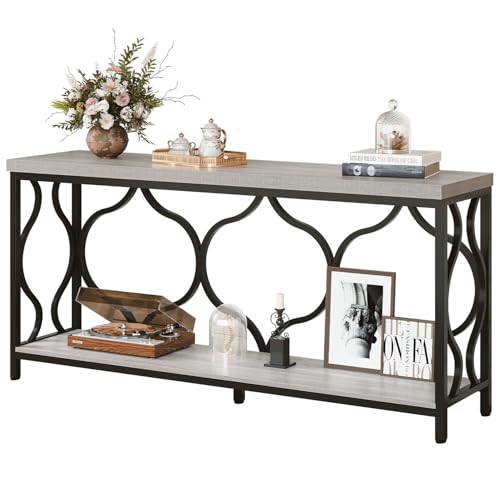 Narrow extra long Sofa Console Table, 63 Inch Modern Entryway Table Behind Couch with Storage shelf, 2-Tier Industrial Wooden Metal Hallway Accent Sofa Tables for Living Room Foyer, Light Grey Oak