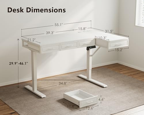 55 Inch L Shaped Standing Desk with 4 Wooden Drawers, White, view 4