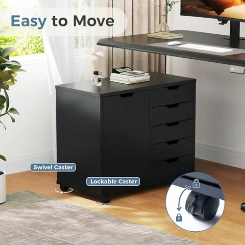 5 Drawer File Cabinet Office Drawers Organizer with Wheels Rolling, Under Desk Cabinets with Shelves and Door Printer Stand with Wood Board Metal Frame for Home Office Storage Craft Room, Black