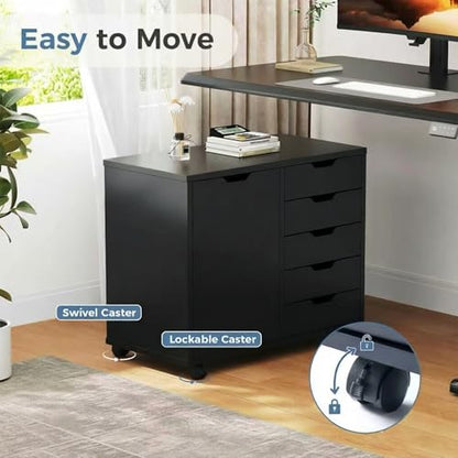 5 Drawer File Cabinet Office Drawers Organizer with Wheels Rolling, Under Desk Cabinets with Shelves and Door Printer Stand with Wood Board Metal Frame for Home Office Storage Craft Room, Black