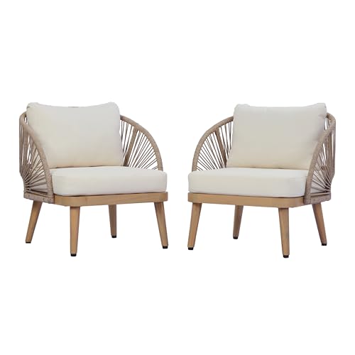 Lydia Set of 2 Boho Patio Furniture Acacia Wood Club Chairs, Outdoor Lounge Chairs, Modern Tub Accent Chairs/Arm Chairs with Rope Woven and Removable Cushions, Natural+Beige