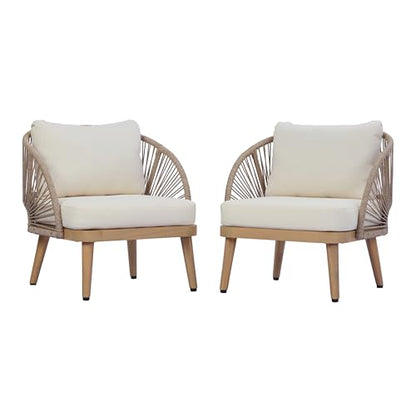 Lydia Set of 2 Boho Patio Furniture Acacia Wood Club Chairs, Outdoor Lounge Chairs, Modern Tub Accent Chairs/Arm Chairs with Rope Woven and Removable Cushions, Natural+Beige