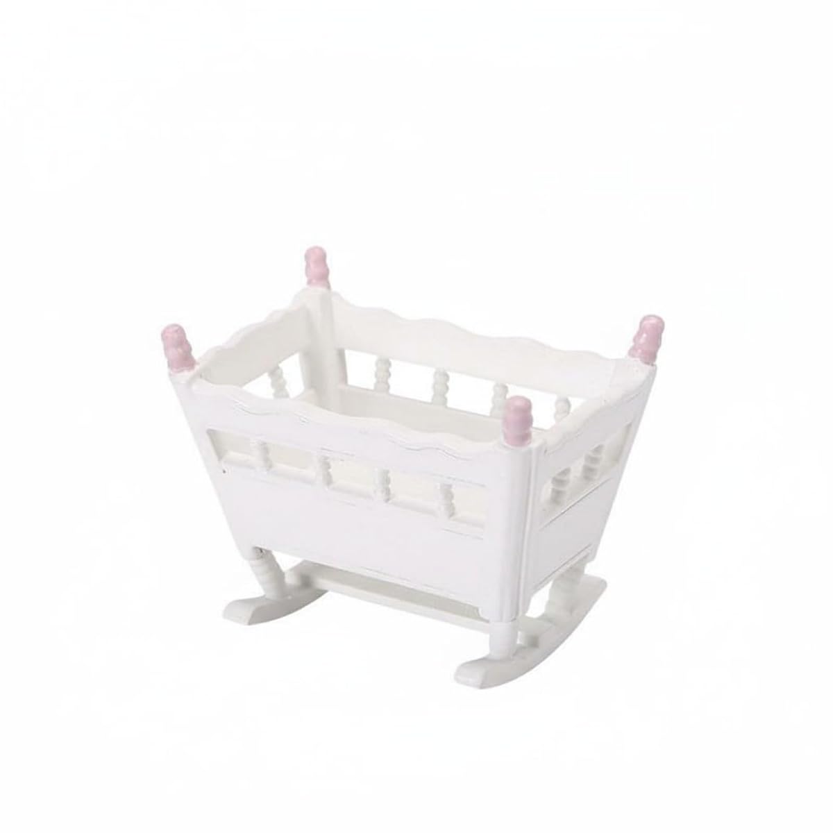 Dollhouse Cradle Miniature Rocking Bed Wooden Infant Furniture Spindle Rail Nursery Crib Realistic Design Suitable for Diorama Project Collector Display Bedroom Scene, Pink
