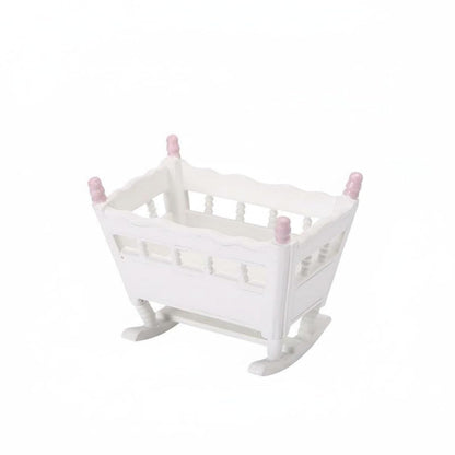 Dollhouse Cradle Miniature Rocking Bed Wooden Infant Furniture Spindle Rail Nursery Crib Realistic Design Suitable for Diorama Project Collector Display Bedroom Scene, Pink