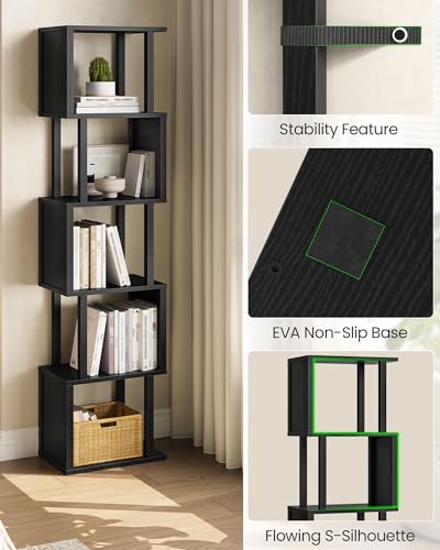 S-Shaped 5-Tier Bookshelf, 58.1-Inch Tall Bookcase with Anti-Tip Kit, view 7