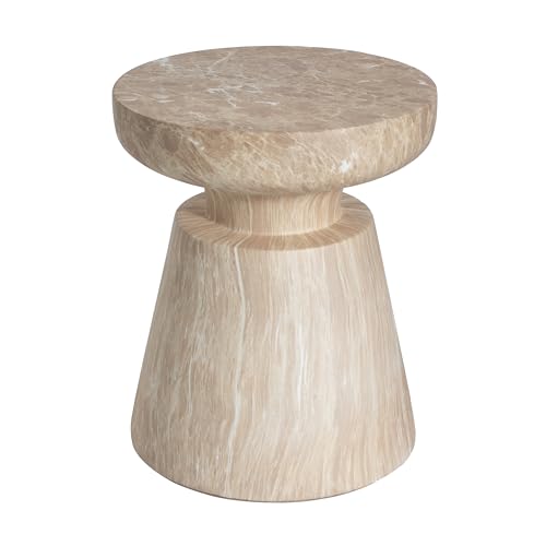 Jayme 15"Lightweight Concrete End Table, Indoor Outdoor Accent Side Table, Travertine Round Tabletop, Easy Move, Decorative Garden Stool for Poolside Balcony Living Room, Gold
