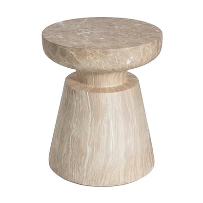 Jayme 15"Lightweight Concrete End Table, Indoor Outdoor Accent Side Table, Travertine Round Tabletop, Easy Move, Decorative Garden Stool for Poolside Balcony Living Room, Gold